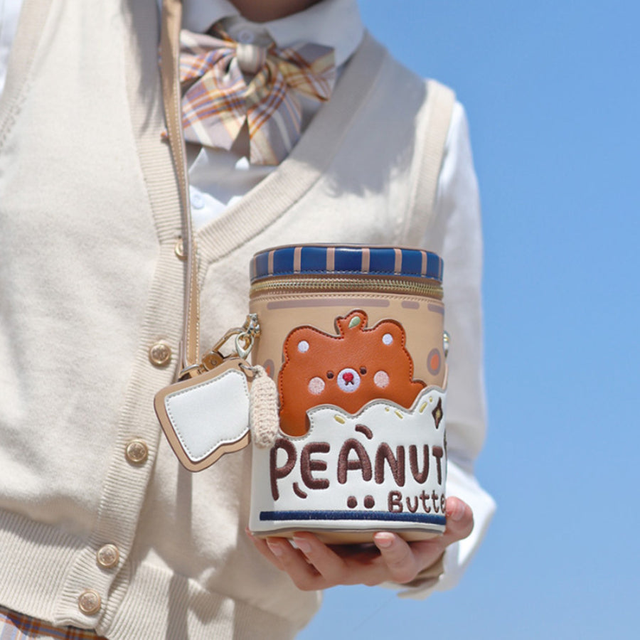 Lovely Bear Peanut Butter Embroidered Crossbody Bucket Bag