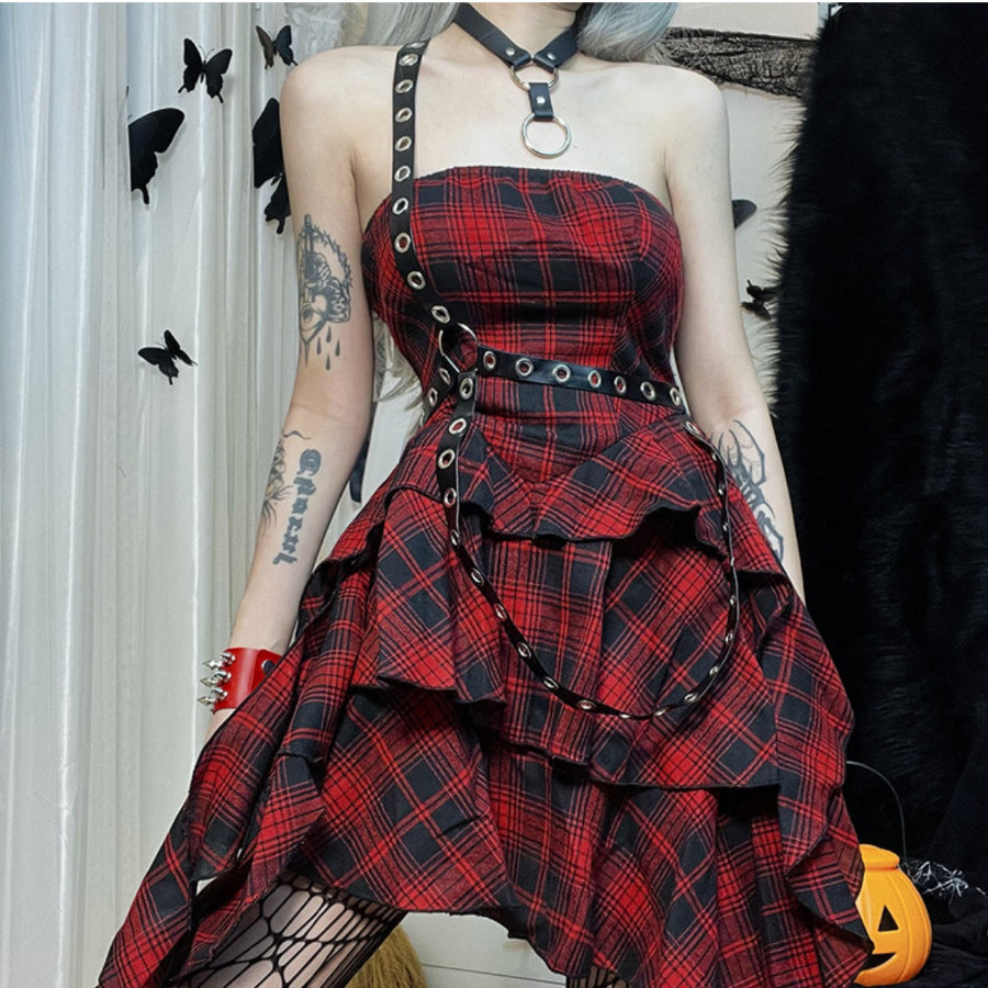 Sweet and Cool Irregular Slim Plaid Dress S22929