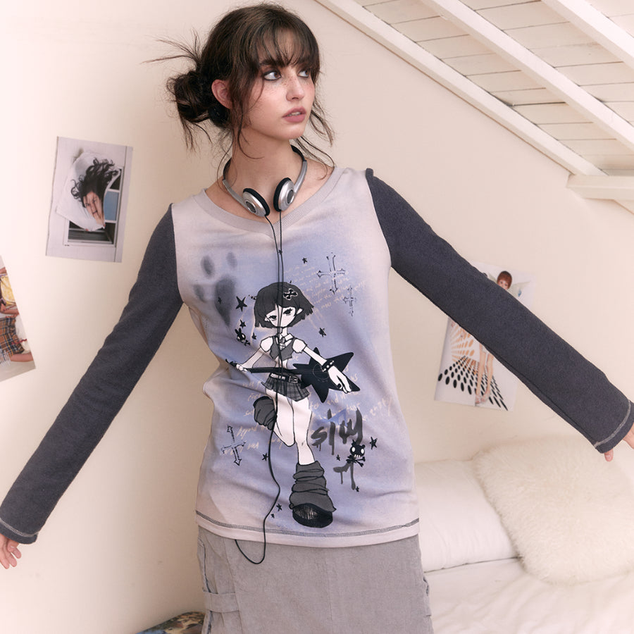 Freehand Printed Cartoon V Neck Long Sleeve T-shirt