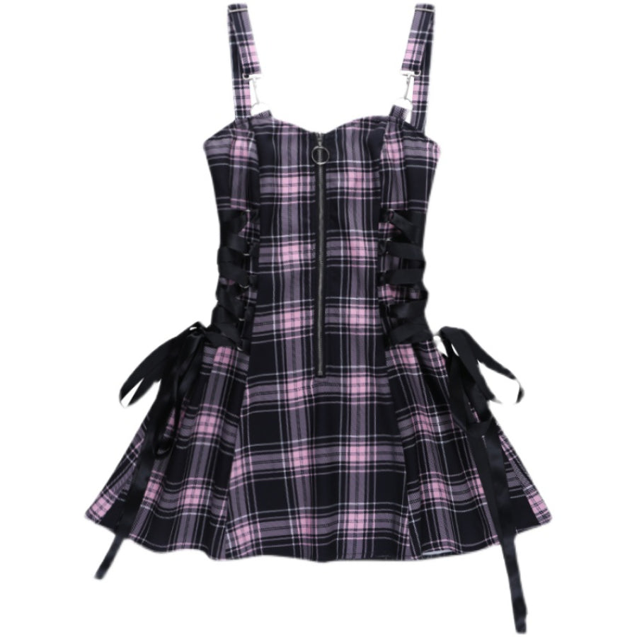 Sweet and Cool High Waist Lace Up Plaid Slip Dress