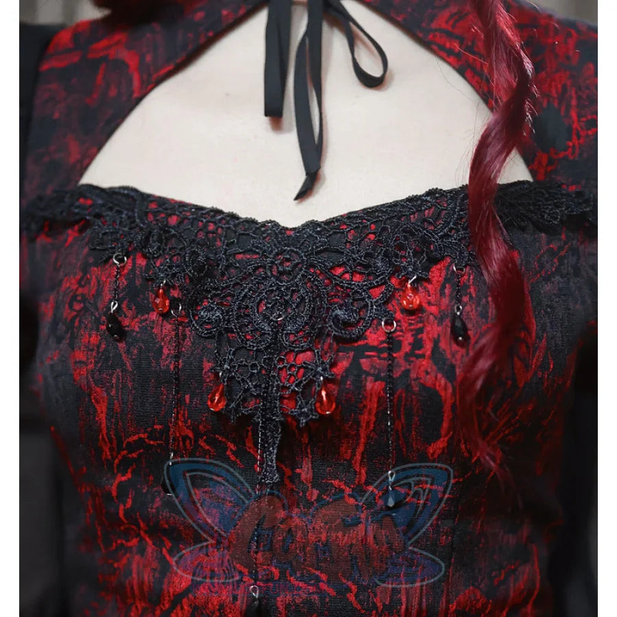 Autumn Gothic Red Black Jacquard Embroidery Lace Top