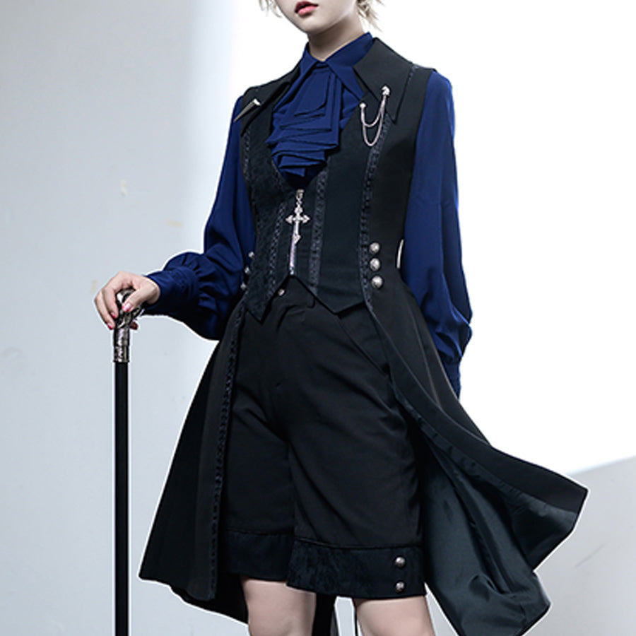 PRE-SALE Black Blue Grey Retro Lolita Medieval Scarf Mutton Sleeve Shirt S23012