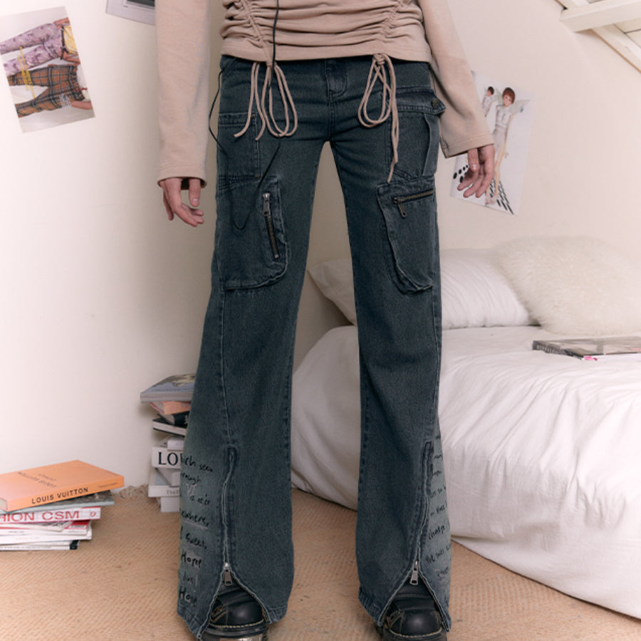 Vintage Washed Printed Low Waist Denim Pants