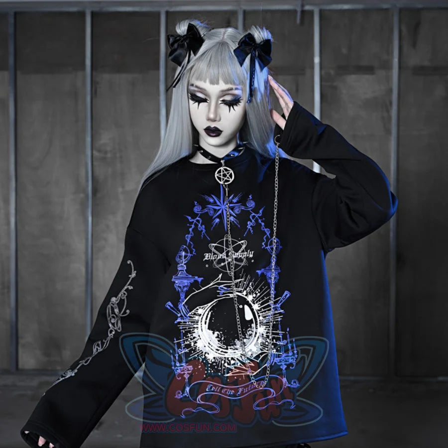 Printed Crystal Ball Diamond Embedded Oversize Woolen Long-Sleeved Hoodie