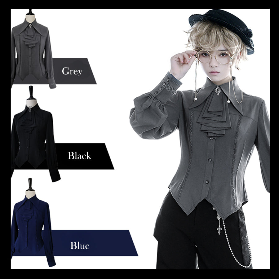 PRE-SALE Black Blue Grey Retro Lolita Medieval Scarf Mutton Sleeve Shirt S23012