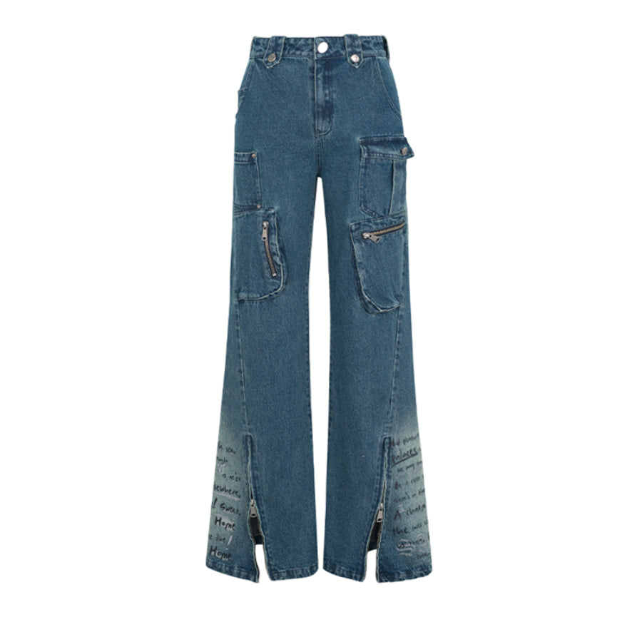 Vintage Washed Printed Low Waist Denim Pants