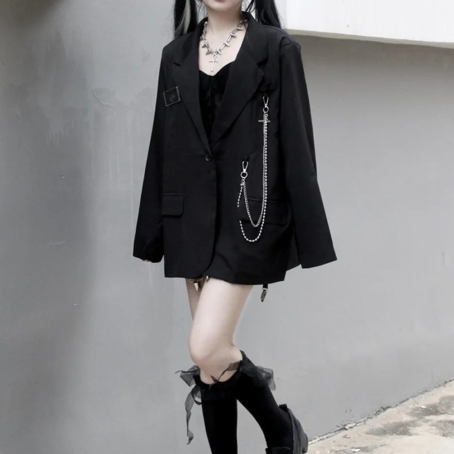 Black Suit Jacket Loose Chain Harajuku Style Casual Street Long Sleeve S20624