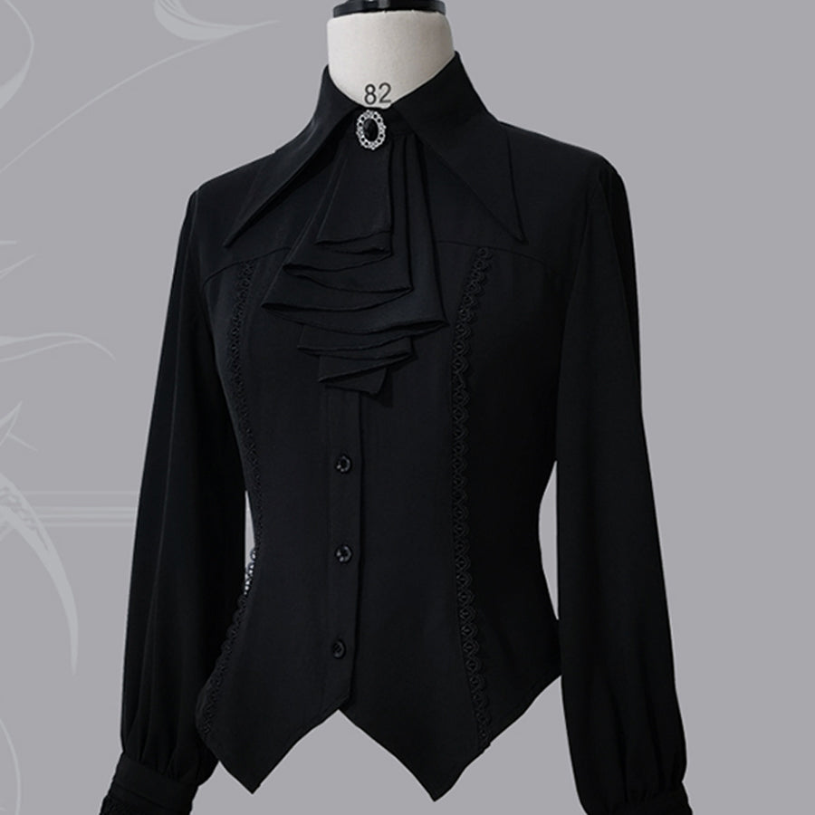 PRE-SALE Black Blue Grey Retro Lolita Medieval Scarf Mutton Sleeve Shirt S23012