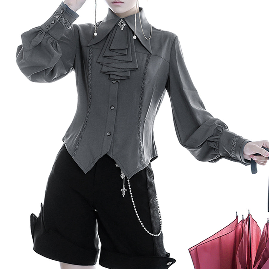 PRE-SALE Black Blue Grey Retro Lolita Medieval Scarf Mutton Sleeve Shirt S23012