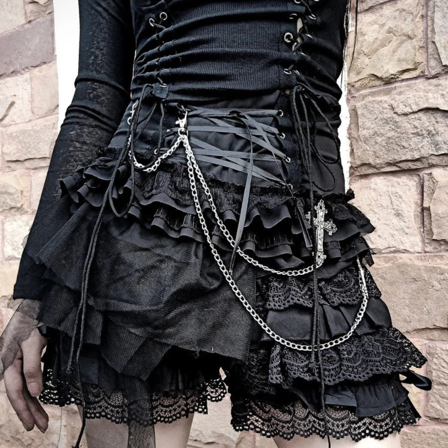 Gothic Chain Multilayer Lace Short Pantskirt - cosfun