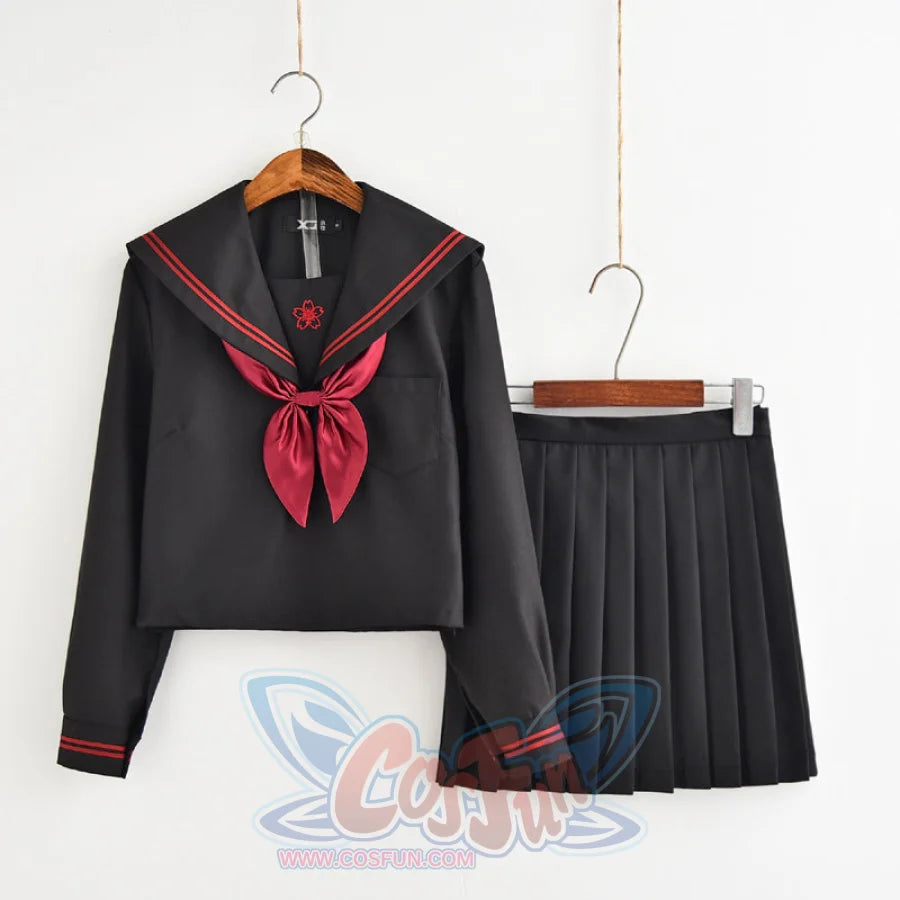 School Uniform Sakura Embroideried Novelty Sailor Suits Yankee J40138 Long Sleeve Top + Tie + Short