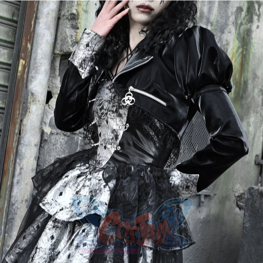 Punk Fishnet Long Sleeve Short Leather Coat