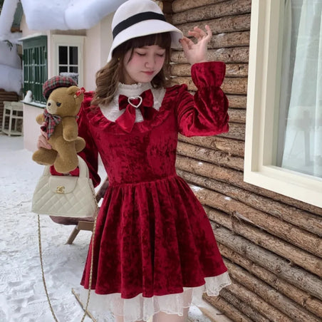 Winter Meta Sweet Red Velvet Dress