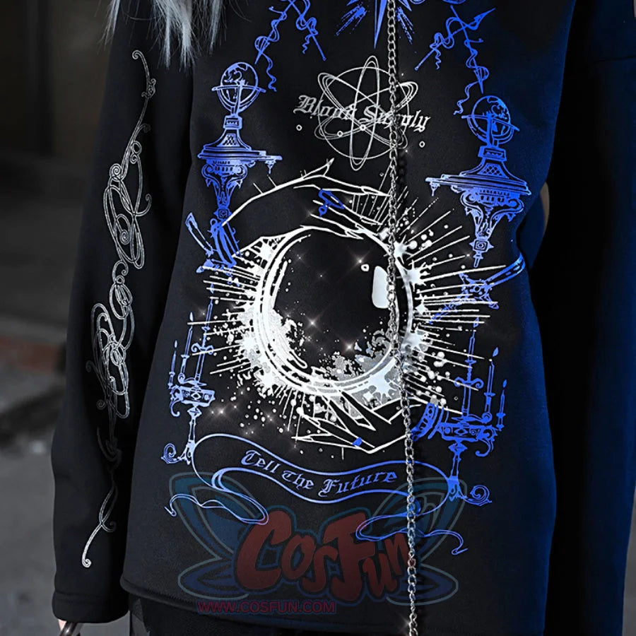 Printed Crystal Ball Diamond Embedded Oversize Woolen Long-Sleeved Hoodie