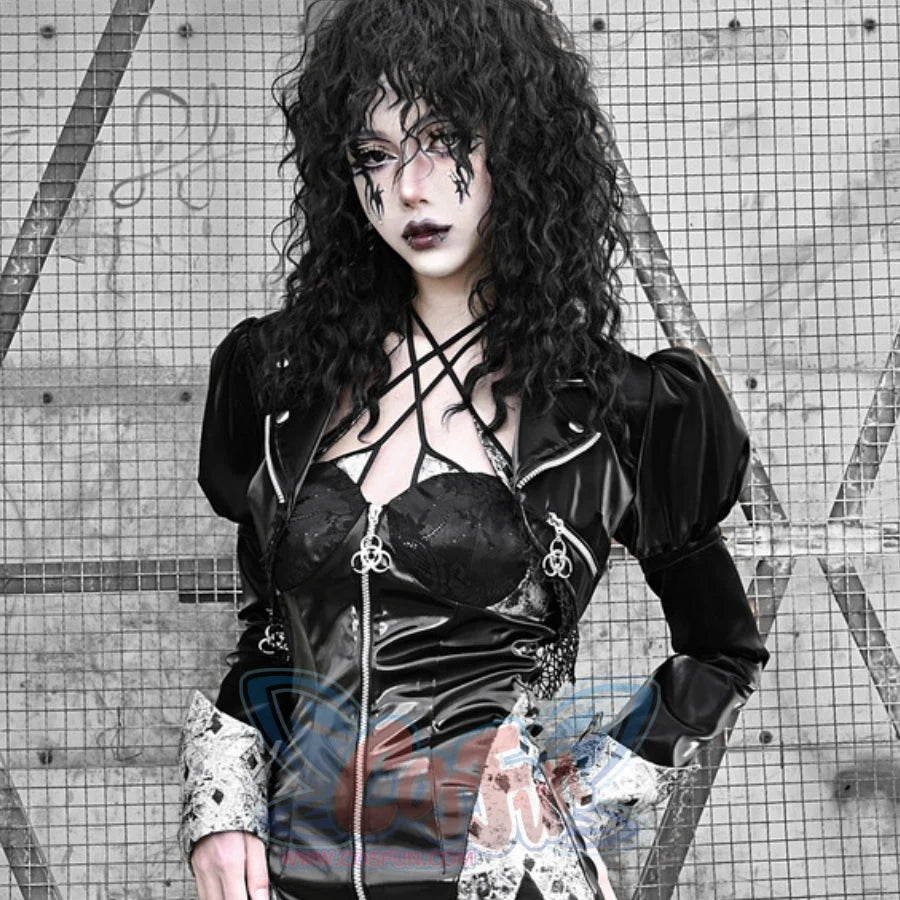 Punk Fishnet Long Sleeve Short Leather Coat