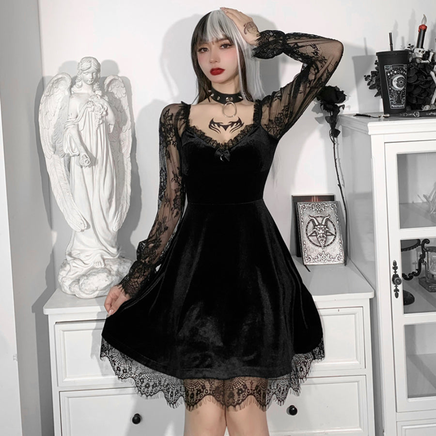 Sexy Velvet High Waist Lace Long Sleeve Princess Short Dress S22905