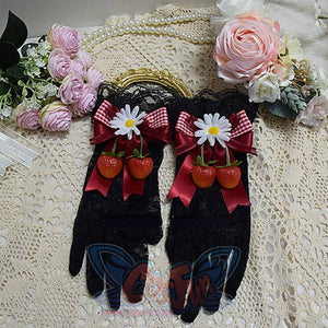 Sweet And Lovely Lolita Strawberry Straw Hat Sets Black Gloves