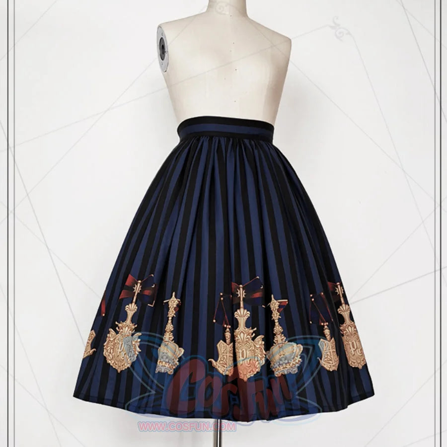 Vintage Elegant Girl Lolita Striped Printed Suit S22470 M / Blue Skirt