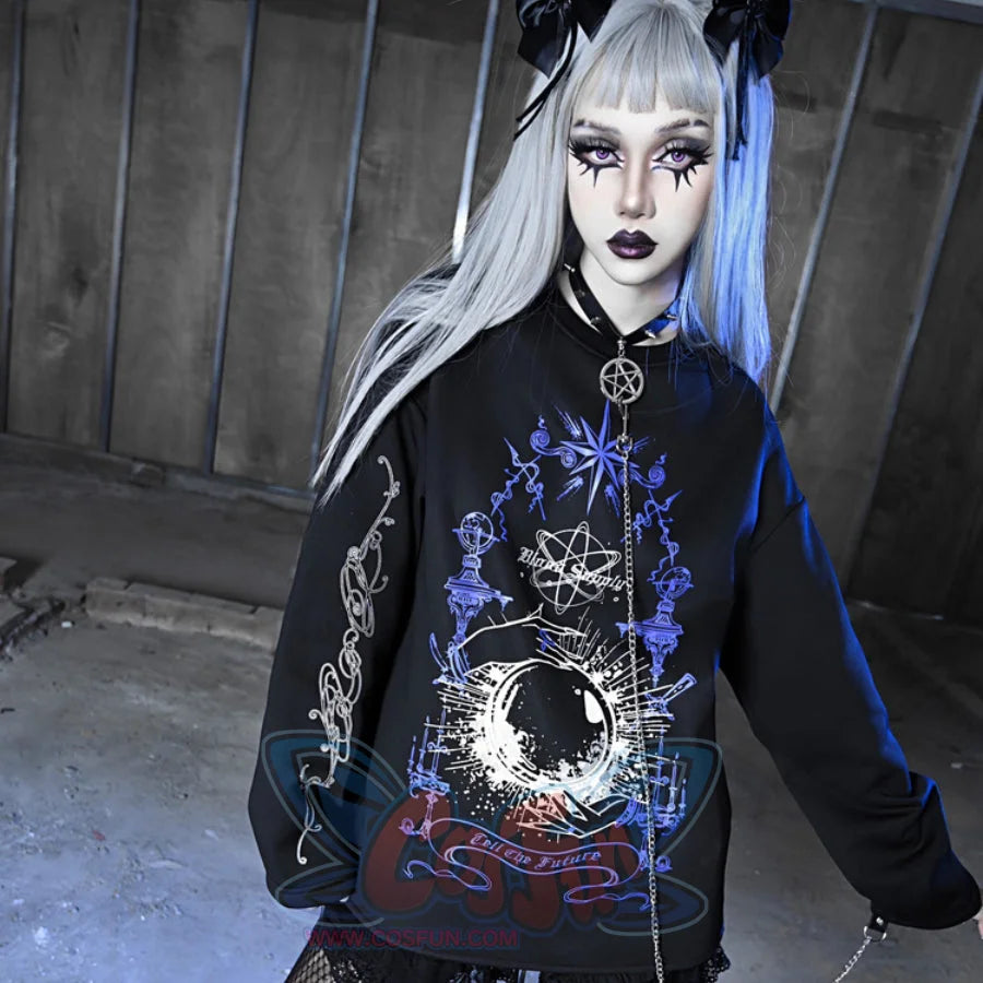 Printed Crystal Ball Diamond Embedded Oversize Woolen Long-Sleeved Hoodie