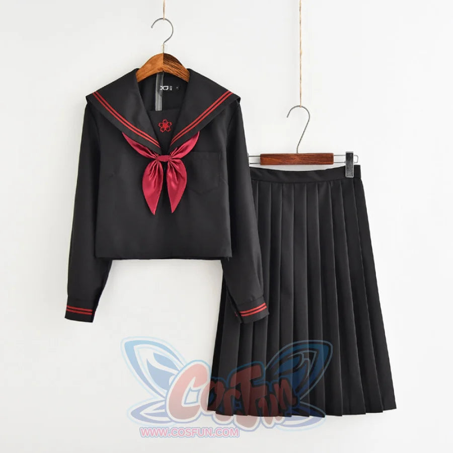 School Uniform Sakura Embroideried Novelty Sailor Suits Yankee J40138 Long Sleeve Top + Tie + Mid