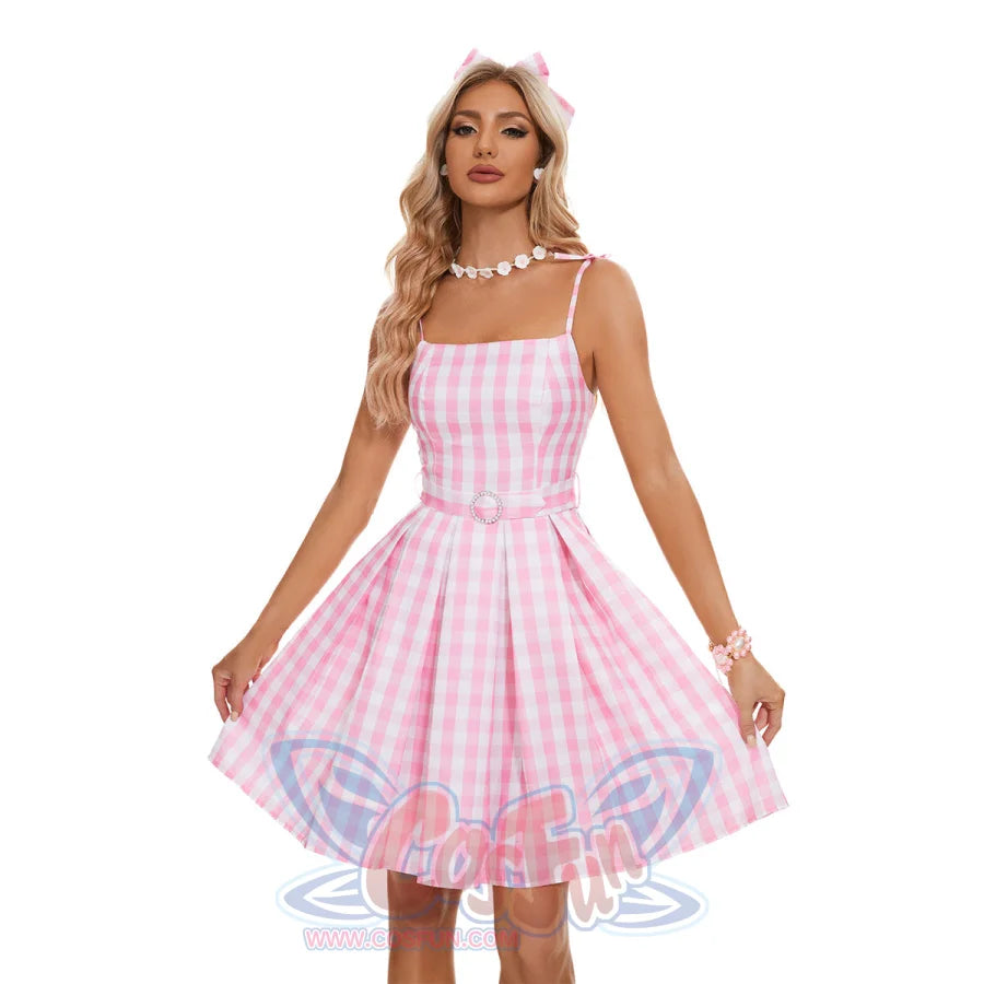 2023 Doll Movie Margot Robbie Pink Plaid Long Dress Outfits Cosplay Co