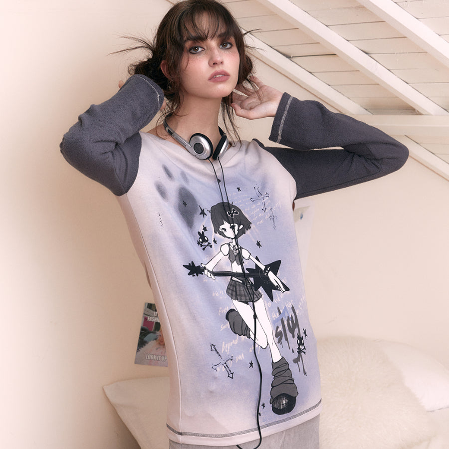 Freehand Printed Cartoon V Neck Long Sleeve T-shirt