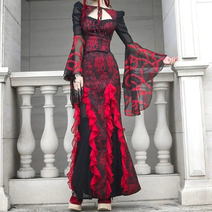 Gothic Jacquard Patchwork Chiffon Wavy Fishtail Skirt