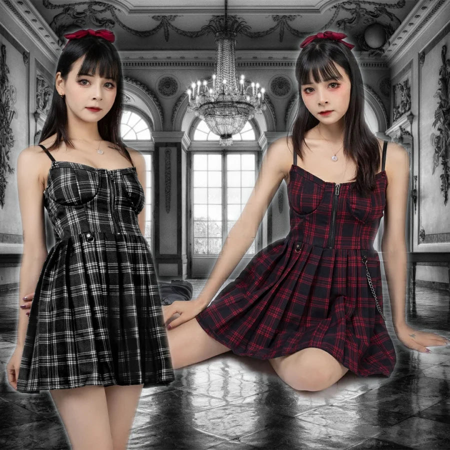 【Flash Sale + Free Shipping】Gothic Grunge Spaghetti Strap Plaid Mini Dress Mp005895 Dress