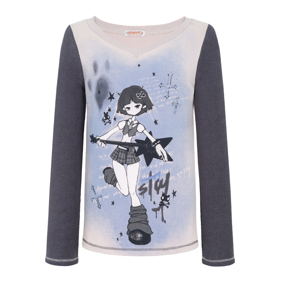 Freehand Printed Cartoon V Neck Long Sleeve T-shirt