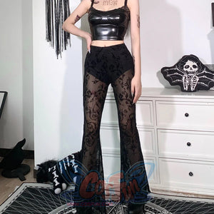 Lace See-Through High Waist Slim Trumpet Pants S