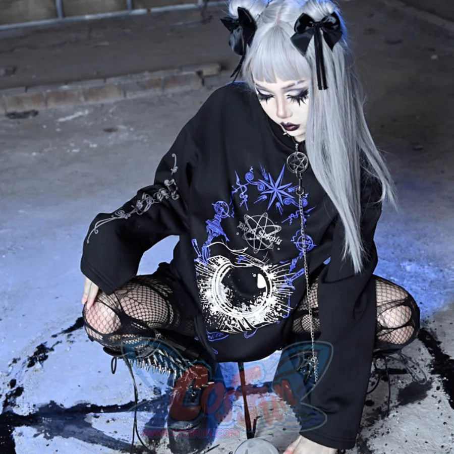 Printed Crystal Ball Diamond Embedded Oversize Woolen Long-Sleeved Hoodie