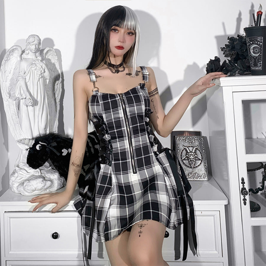 Sweet and Cool High Waist Lace Up Plaid Slip Dress