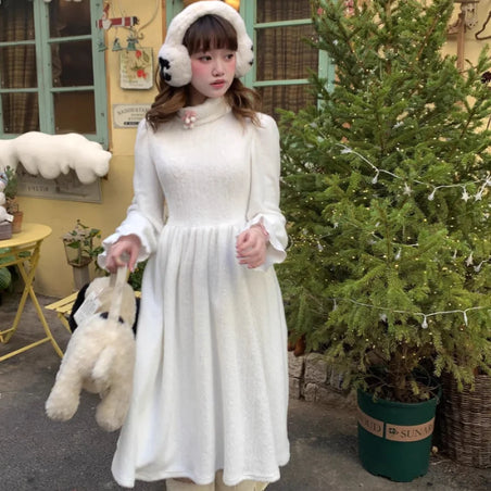 Winter High Neck White Plush Inner Tender Long Dress