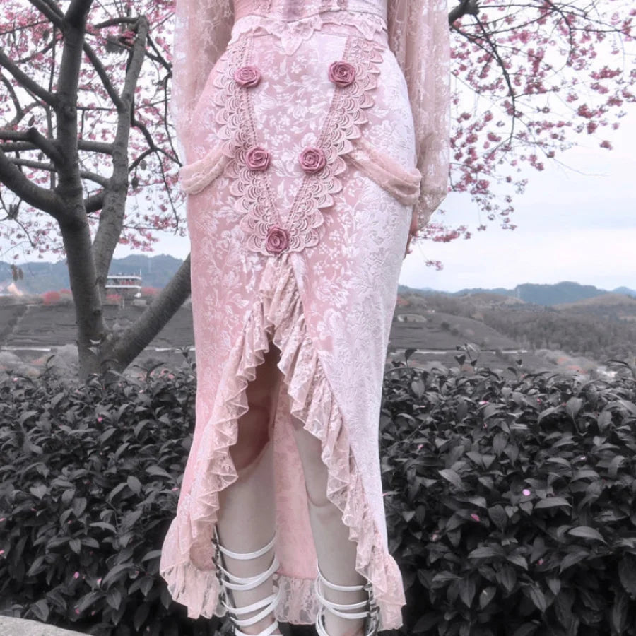 Summer Gothic Lace Rose Fishtail Skirt