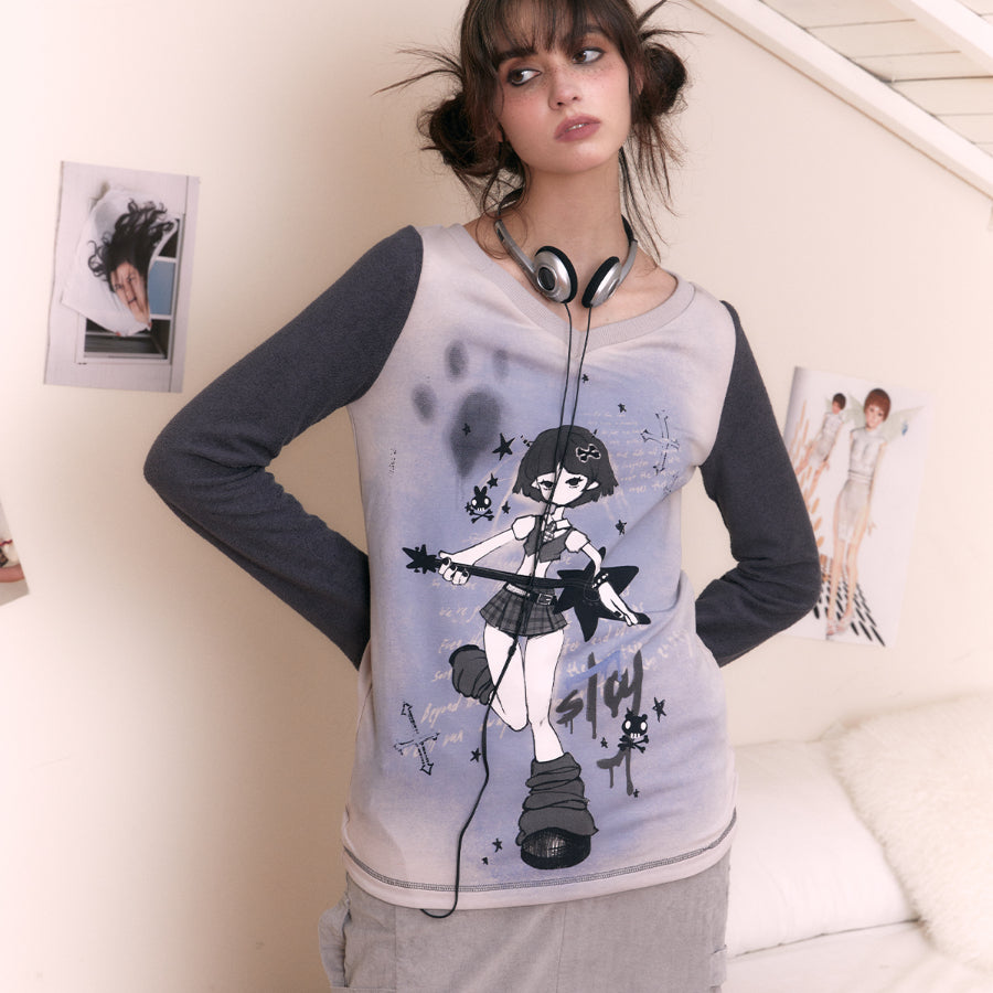 Freehand Printed Cartoon V Neck Long Sleeve T-shirt