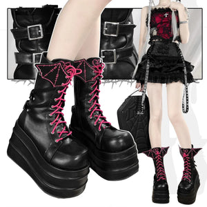 Original Cool And Spicy Lolita Thick Soled Boots Black Pink / 34