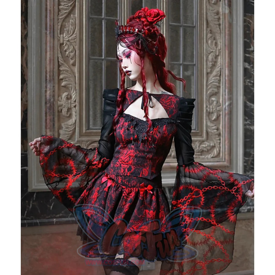 Autumn Gothic Red Black Jacquard Embroidery Lace Top