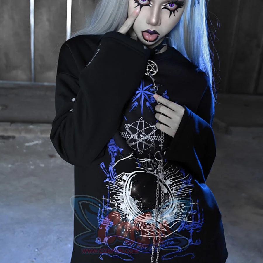 Printed Crystal Ball Diamond Embedded Oversize Woolen Long-Sleeved Hoodie