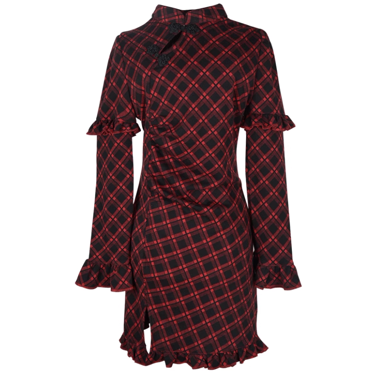 Red Plaid Improved Cheongsam Dress S22405