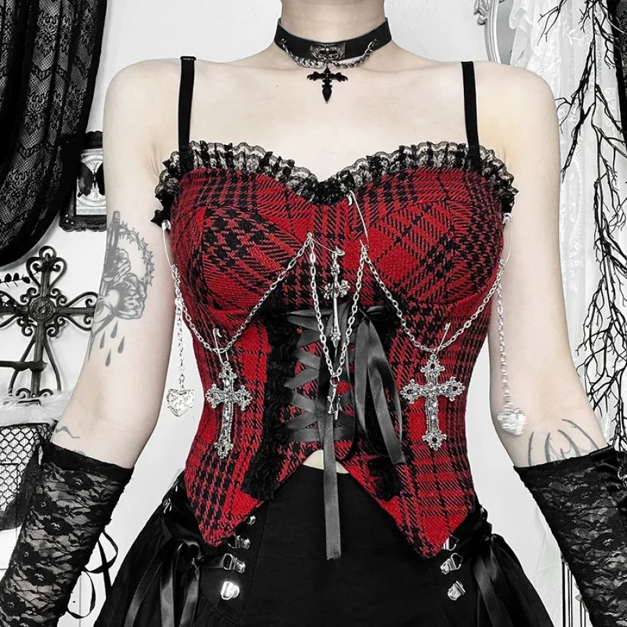 Halloween Punk Red And Black Halter Rock Top