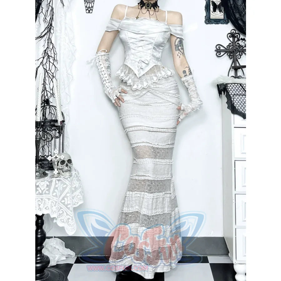 Halloween Ghost Bride White One Shoulder Vintage Gothic Top Lace Fishtail Skirt