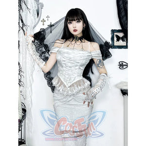 Halloween Ghost Bride White One Shoulder Vintage Gothic Top Lace Fishtail Skirt