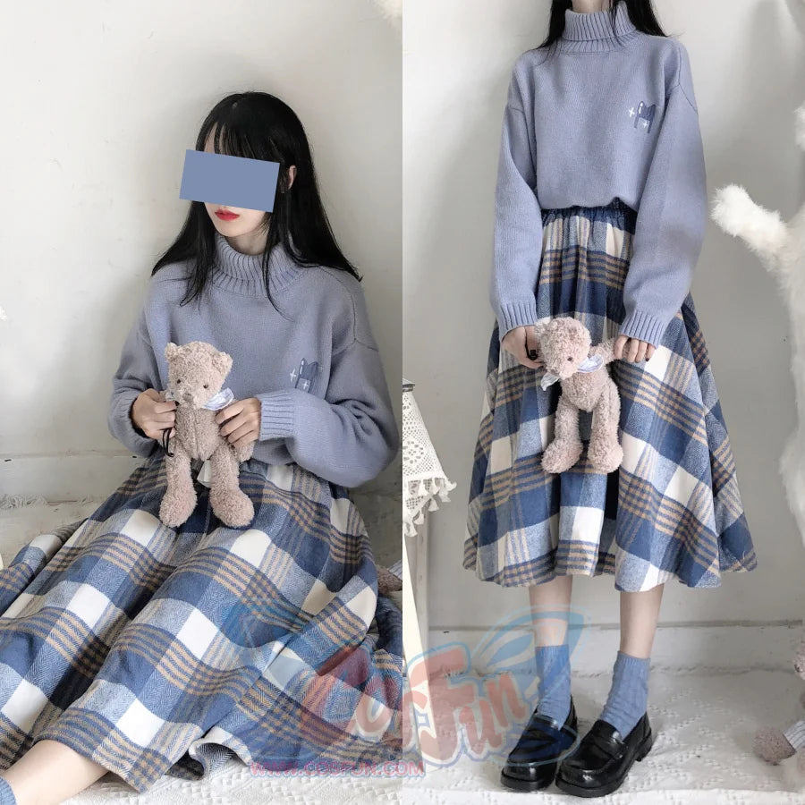 Japanese Style Tweed Soft Girl Plaid Thickened Suede Versatile Long Skirt Longuette