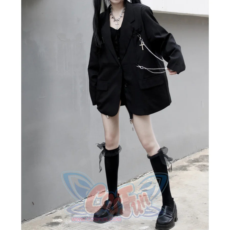 Black Suit Jacket Loose Chain Harajuku Style Casual Street Long Sleeve S20624