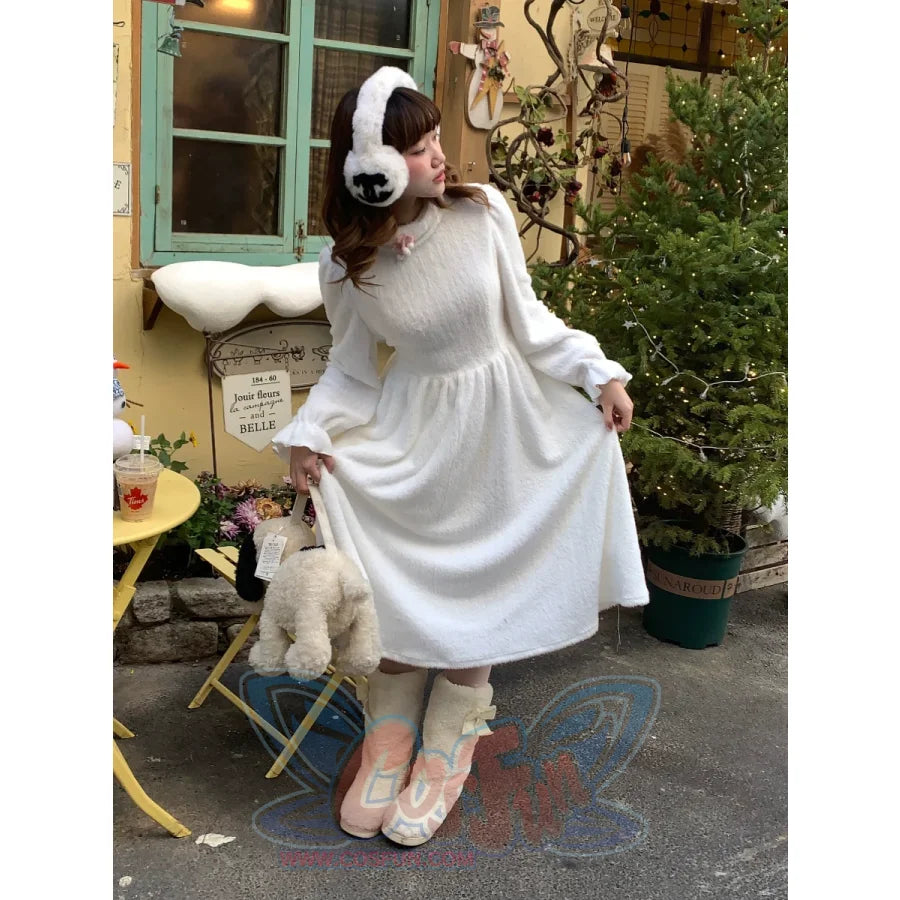 Winter High Neck White Plush Inner Tender Long Dress