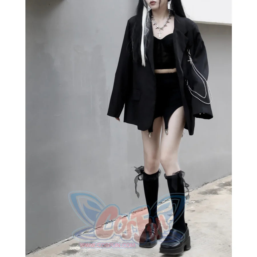 Black Suit Jacket Loose Chain Harajuku Style Casual Street Long Sleeve S20624