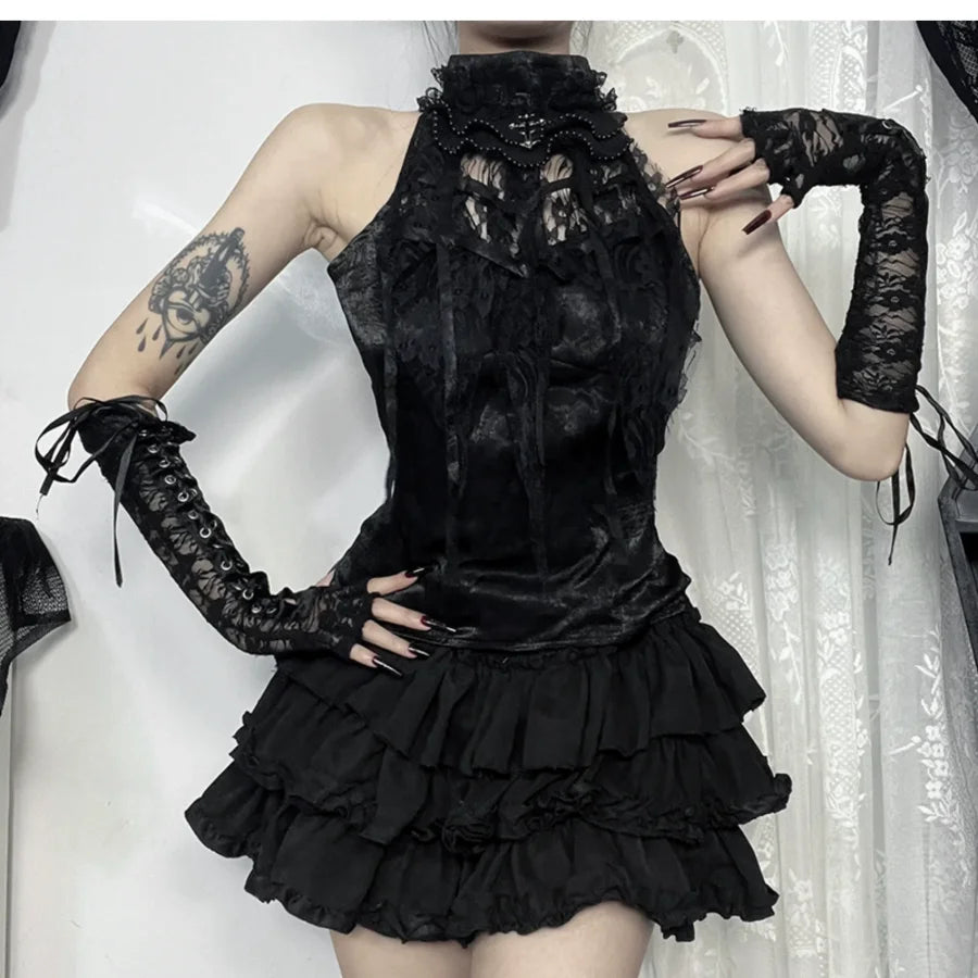 Halloween Gothic Rose Black Hanging Neck Top