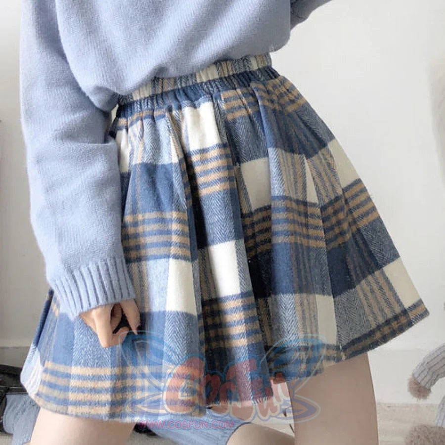 Japanese Style Tweed Soft Girl Plaid Versatile Thickened Suede Skirt Blue / One Size