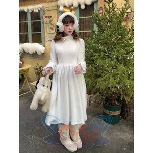 Winter High Neck White Plush Inner Tender Long Dress S