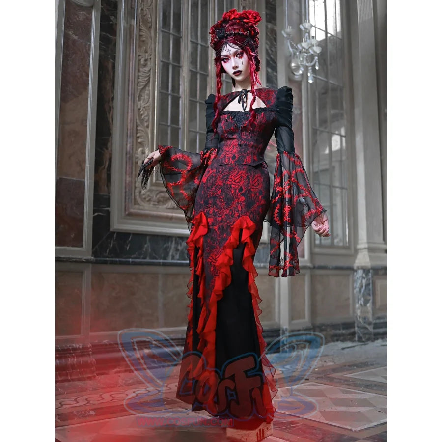 Autumn Gothic Red Black Jacquard Embroidery Lace Top